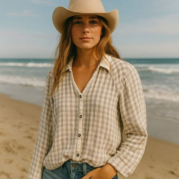 Anthropologie Oversized Gingham Plaid Button Up Top Size XS Country Gauzy Cotton - Picture 1 of 11